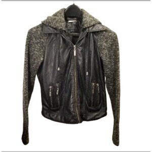 F2 Faux Leather Jacket Womens Size XS Black Full Zip Motorcycle Pockets Hooded